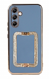 Eiroo Crystal Serisi Samsung Galaxy A14 4G Kare Gold Taşlı Tutuculu Mavi Silikon Kılıf