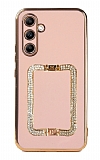 Eiroo Crystal Serisi Samsung Galaxy A14 4G Kare Gold Taşlı Tutuculu Pembe Silikon Kılıf