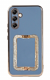 Eiroo Crystal Serisi Samsung Galaxy A34 Kare Gold Taşlı Tutuculu Mavi Silikon Kılıf