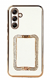 Eiroo Crystal Serisi Samsung Galaxy A34 Kare Gold Taşlı Tutuculu Beyaz Silikon Kılıf