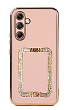 Eiroo Crystal Serisi Samsung Galaxy A34 Kare Gold Taşlı Tutuculu Pembe Silikon Kılıf