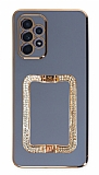 Eiroo Crystal Serisi Samsung Galaxy A52 Kare Gold Taşlı Tutuculu Mavi Silikon Kılıf
