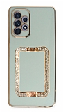 Eiroo Crystal Serisi Samsung Galaxy A52 Kare Gold Taşlı Tutuculu Yeşil Silikon Kılıf