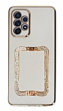 Eiroo Crystal Serisi Samsung Galaxy A52 Kare Gold Taşlı Tutuculu Beyaz Silikon Kılıf