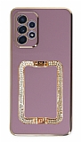 Eiroo Crystal Serisi Samsung Galaxy A52 Kare Gold Taşlı Tutuculu Mor Silikon Kılıf