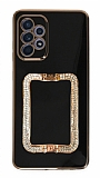 Eiroo Crystal Serisi Samsung Galaxy A52 Kare Gold Taşlı Tutuculu Siyah Silikon Kılıf