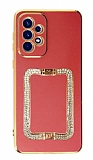 Eiroo Crystal Serisi Samsung Galaxy A52 Kare Gold Taşlı Tutuculu Kırmızı Silikon Kılıf