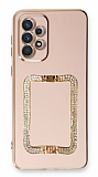 Eiroo Crystal Serisi Samsung Galaxy A53 5G Kare Gold Taşlı Tutuculu Pembe Silikon Kılıf