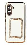 Eiroo Crystal Serisi Samsung Galaxy A54 Kare Gold Taşlı Tutuculu Beyaz Silikon Kılıf