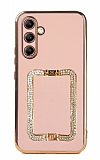 Eiroo Crystal Serisi Samsung Galaxy A54 Kare Gold Taşlı Tutuculu Pembe Silikon Kılıf