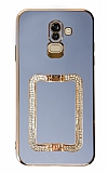 Eiroo Crystal Serisi Samsung Galaxy A6 Plus 2018 Kare Gold Taşlı Tutuculu Mavi Silikon Kılıf