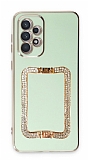 Eiroo Crystal Serisi Samsung Galaxy A72 Kare Gold Taşlı Tutuculu Yeşil Silikon Kılıf