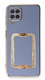Eiroo Crystal Serisi Samsung Galaxy M22 Kare Gold Taşlı Tutuculu Mavi Silikon Kılıf