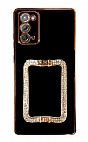 Eiroo Crystal Serisi Samsung Galaxy Note 20 Kare Gold Taşlı Tutuculu Siyah Silikon Kılıf