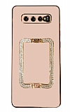 Eiroo Crystal Serisi Samsung Galaxy S10 Plus Kare Gold Taşlı Tutuculu Pembe Silikon Kılıf