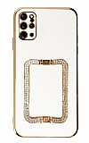 Eiroo Crystal Serisi Samsung Galaxy S20 Plus Kare Gold Taşlı Tutuculu Beyaz Silikon Kılıf