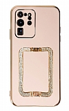 Eiroo Crystal Serisi Samsung Galaxy S20 Ultra Kare Gold Tal Tutuculu Pembe Silikon Klf