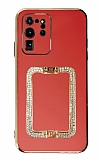 Eiroo Crystal Serisi Samsung Galaxy S20 Ultra Kare Gold Taşlı Tutuculu Kırmızı Silikon Kılıf