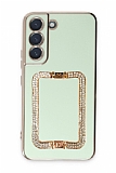 Eiroo Crystal Serisi Samsung Galaxy S21 FE 5G Kare Gold Taşlı Tutuculu Yeşil Silikon Kılıf