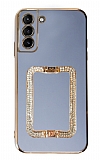 Eiroo Crystal Serisi Samsung Galaxy S21 Plus Kare Gold Taşlı Tutuculu Mavi Silikon Kılıf