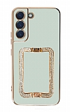 Eiroo Crystal Serisi Samsung Galaxy S22 5G Kare Gold Taşlı Tutuculu Yeşil Silikon Kılıf
