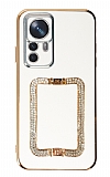 Eiroo Crystal Serisi Xiaomi 12T Pro Kare Gold Taşlı Tutuculu Beyaz Silikon Kılıf