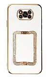 Eiroo Crystal Serisi Xiaomi Poco X3 Kare Gold Taşlı Tutuculu Beyaz Silikon Kılıf