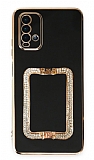 Eiroo Crystal Serisi Xiaomi Redmi 9T Kare Gold Taşlı Tutuculu Siyah Silikon Kılıf