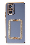 Eiroo Crystal Serisi Xiaomi Redmi Note 10 Pro Kare Gold Taşlı Tutuculu Mavi Silikon Kılıf
