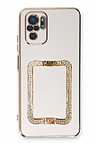 Eiroo Crystal Serisi Xiaomi Redmi Note 10S Kare Gold Taşlı Tutuculu Beyaz Silikon Kılıf
