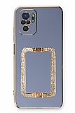 Eiroo Crystal Serisi Xiaomi Redmi Note 10S Kare Gold Taşlı Tutuculu Mavi Silikon Kılıf