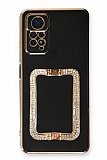 Eiroo Crystal Serisi Xiaomi Redmi Note 11 Pro Kare Gold Taşlı Tutuculu Siyah Silikon Kılıf