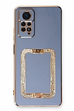 Eiroo Crystal Serisi Xiaomi Redmi Note 11 Pro Kare Gold Taşlı Tutuculu Mavi Silikon Kılıf