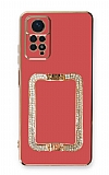 Eiroo Crystal Serisi Xiaomi Redmi Note 11 Pro Kare Gold Taşlı Tutuculu Kırmızı Silikon Kılıf