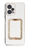 Eiroo Crystal Serisi Xiaomi Redmi Note 12 5G Kare Gold Taşlı Tutuculu Beyaz Silikon Kılıf