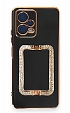 Eiroo Crystal Serisi Xiaomi Redmi Note 12 5G Kare Gold Taşlı Tutuculu Siyah Silikon Kılıf
