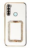 Eiroo Crystal Serisi Xiaomi Redmi Note 8 Kare Gold Taşlı Tutuculu Beyaz Silikon Kılıf