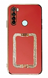 Eiroo Crystal Serisi Xiaomi Redmi Note 8 Kare Gold Taşlı Tutuculu Kırmızı Silikon Kılıf