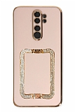 Eiroo Crystal Serisi Xiaomi Redmi Note 8 Pro Kare Gold Taşlı Tutuculu Pembe Silikon Kılıf