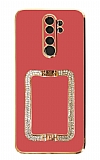 Eiroo Crystal Serisi Xiaomi Redmi Note 8 Pro Kare Gold Taşlı Tutuculu Kırmızı Silikon Kılıf