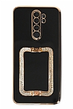 Eiroo Crystal Serisi Xiaomi Redmi Note 8 Pro Kare Gold Taşlı Tutuculu Siyah Silikon Kılıf