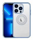 Eiroo Gold Series iPhone 12 Pro Taşlı Kamera Korumalı Mavi Silikon Kılıf