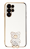 Eiroo Samsung Galaxy S23 Ultra Lüks Ayı Standlı Beyaz Silikon Kılıf