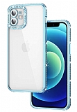 Eiroo iPhone 11 Kamera Korumalı Taşlı Mavi Silikon Kılıf