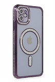 Eiroo iPhone 11 Magsafe Özellikli Kamera Korumalı Simli Taşlı Derin Mor Silikon Kılıf