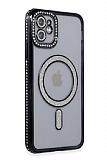 Eiroo iPhone 11 Magsafe Özellikli Kamera Korumalı Simli Taşlı Siyah Silikon Kılıf