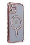 Eiroo iPhone 11 Magsafe Özellikli Kamera Korumalı Simli Taşlı Rose Gold Silikon Kılıf