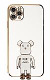Eiroo iPhone 11 Pro Max Baby Bear Standlı Beyaz Silikon Kılıf