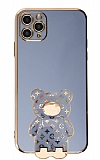 Eiroo iPhone 11 Pro Max Lüks Ayı Standlı Mavi Silikon Kılıf