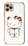 Eiroo iPhone 11 Pro Max Aynalı Kitty Standlı Beyaz Silikon Kılıf